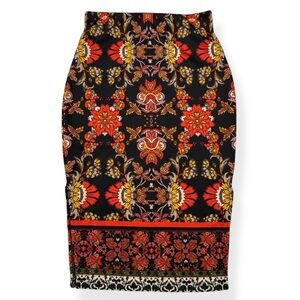 Amara Pencil Skirt Womens Small S Black Side Slits Multi Color Geo Floral